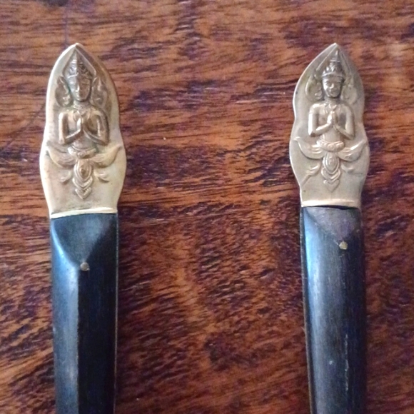 Vintage 1950's Siam Bronze & Ebony Buddha Server Spoon and Fork - Picture 4 of 4